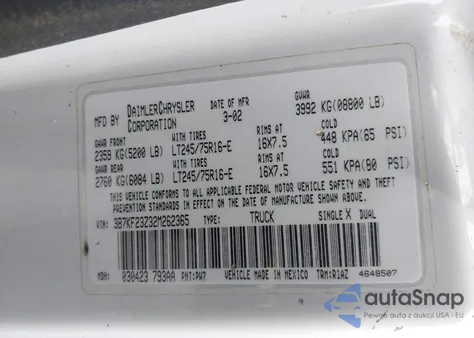 2002 Dodge Ram 2500 St z USA, uszkodzony, nr VIN 3B7KF23Z32M262365